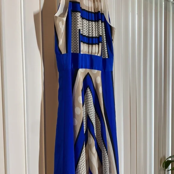 ELIZA J Blue Polka Dot Scarf Print Crepe de Chin Fit & Flare Halter Maxi Dress - Picture 5 of 12